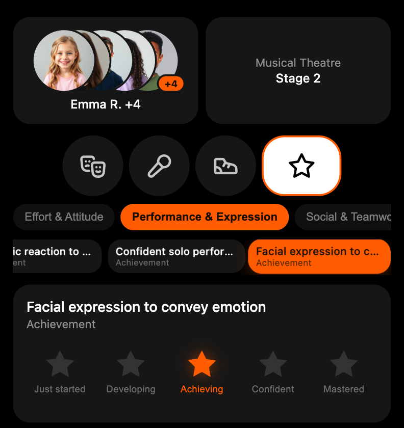 Enrolio skills tracking interface showing student ratings for Musical Theatre Stage 2