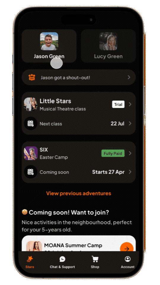 Enrolio parent mobile app showing a class schedule